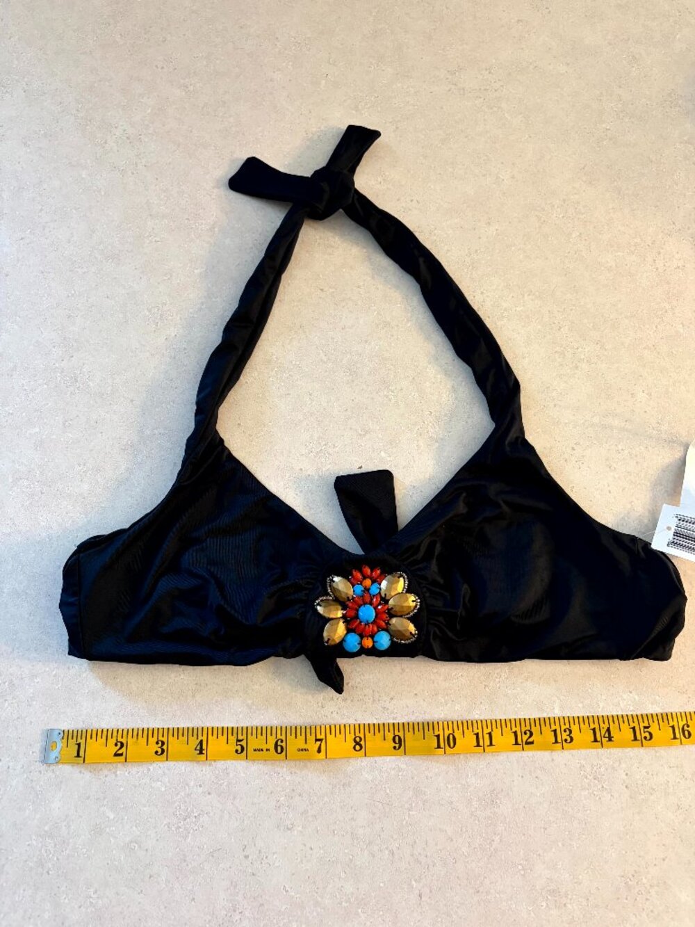 NWT Badgley Mischka Black Embellished Halter Bikini Top Size 10 $78